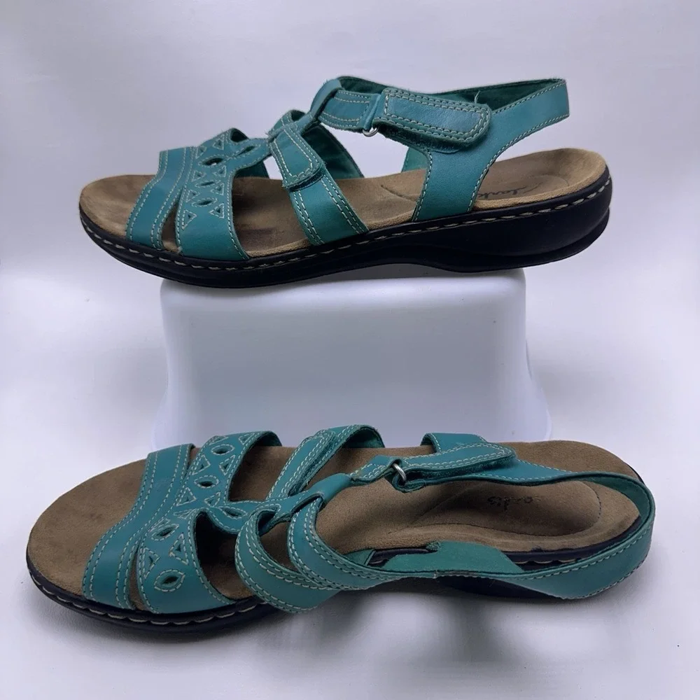 Clarks Leather Multi Strap Sandals Leisa Apple Teal Blue Size 10 Wide Shoes